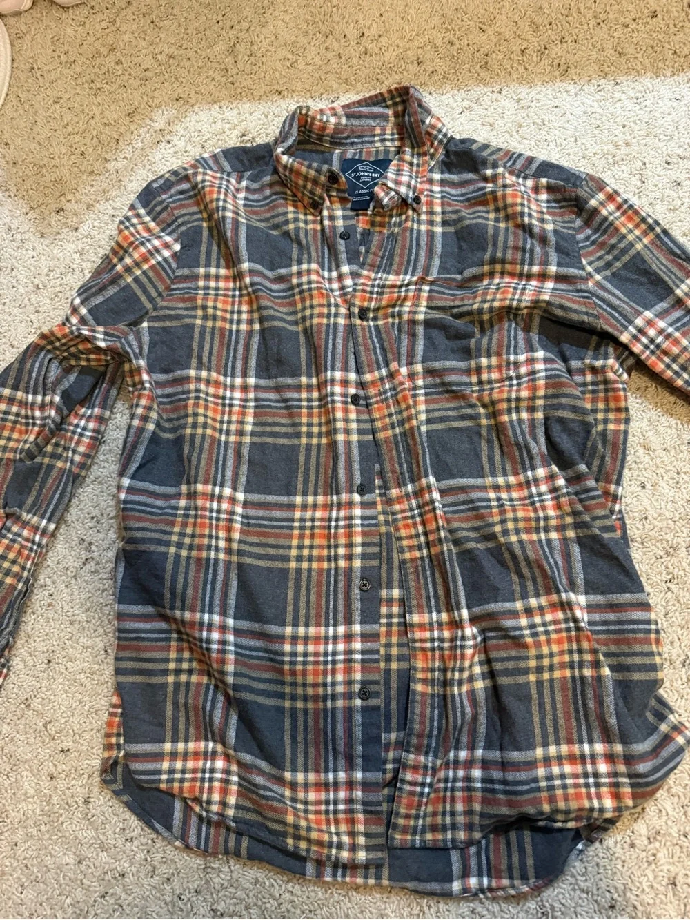 St. John's Bay Men's Gray Plaid Button-Down Shirt with Orange Accents